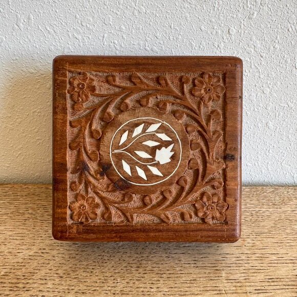 Hand Carved Floral Wooden Trinket Box, Bone Flower Inlay - Picture 2 of 8
